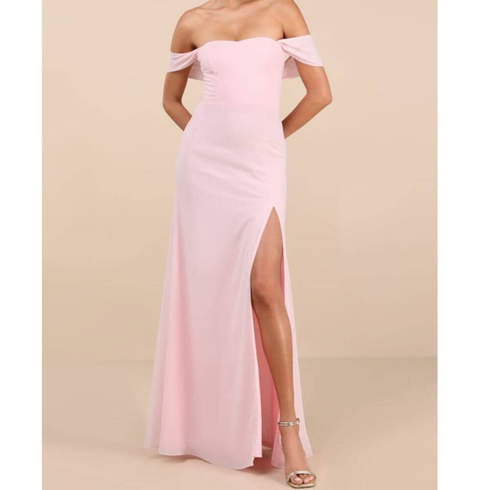 NEW Lulus Magical Magnetism Light Pink Off-the-Shoulder Chiffon Maxi Dress Small